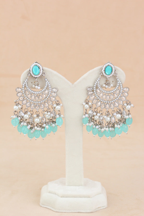 Sky Blue Silver Polish Polki Choker With Pearls Large Earrings And Tikka (CS010-SB-SP-Polki)