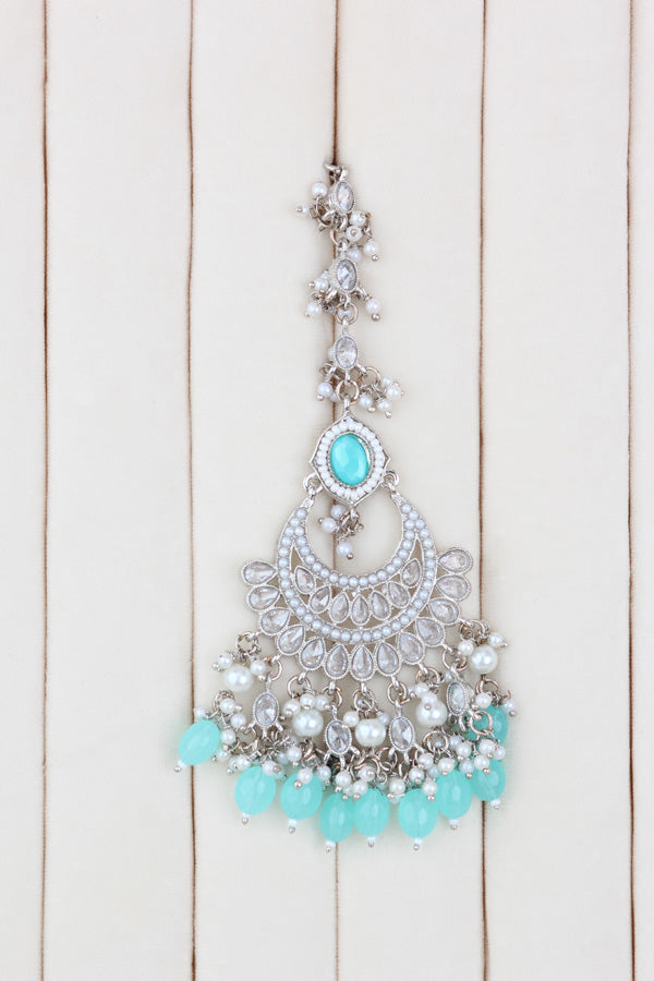 Sky Blue Silver Polish Polki Choker With Pearls Large Earrings And Tikka (CS010-SB-SP-Polki)