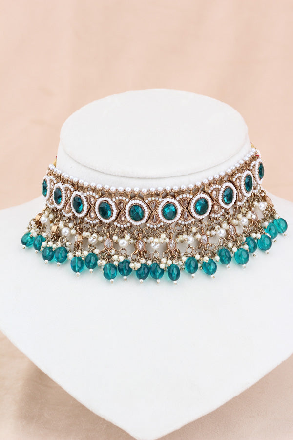Turquoise Green Mehndi Polish Polki Choker With Pearls Large Earrings And Tikka (CS010-TG-MP-Polki)