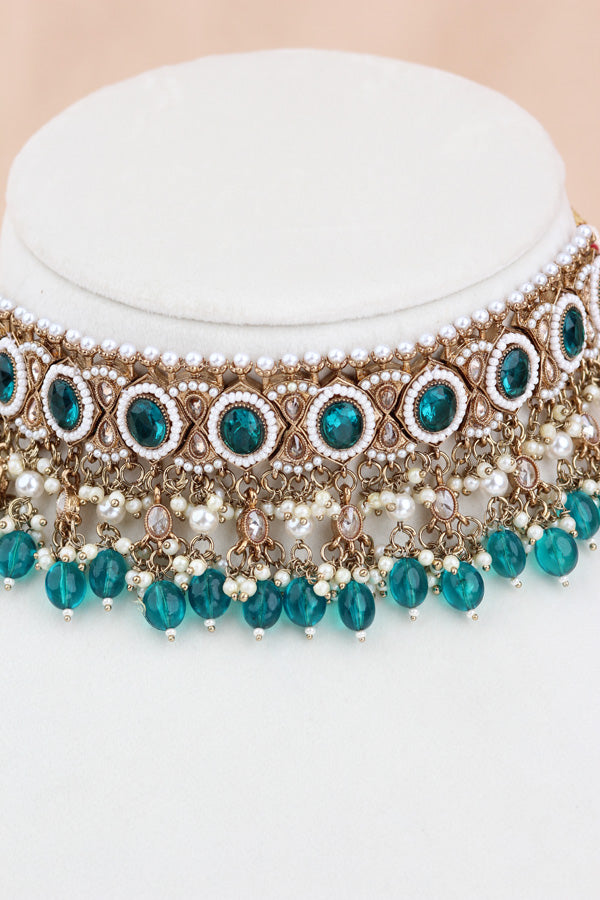 Turquoise Green Mehndi Polish Polki Choker With Pearls Large Earrings And Tikka (CS010-TG-MP-Polki)