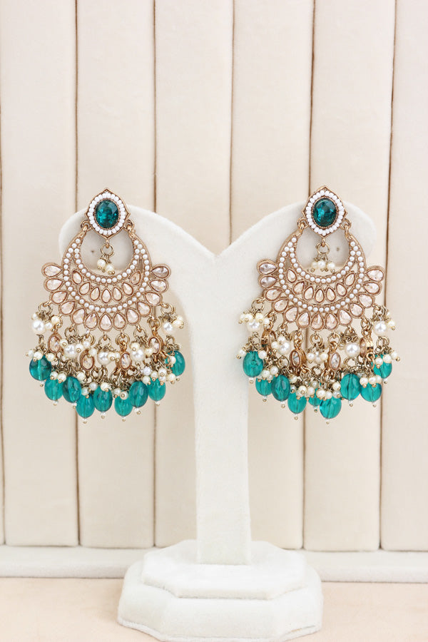 Turquoise Green Mehndi Polish Polki Choker With Pearls Large Earrings And Tikka (CS010-TG-MP-Polki)