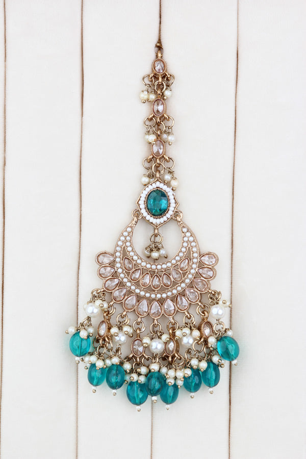 Turquoise Green Mehndi Polish Polki Choker With Pearls Large Earrings And Tikka (CS010-TG-MP-Polki)