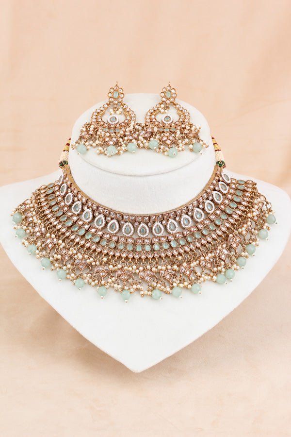 Light Green Statement Polki Choker With Large Earrings And Tikka (CS011-LG-MP-Polki)