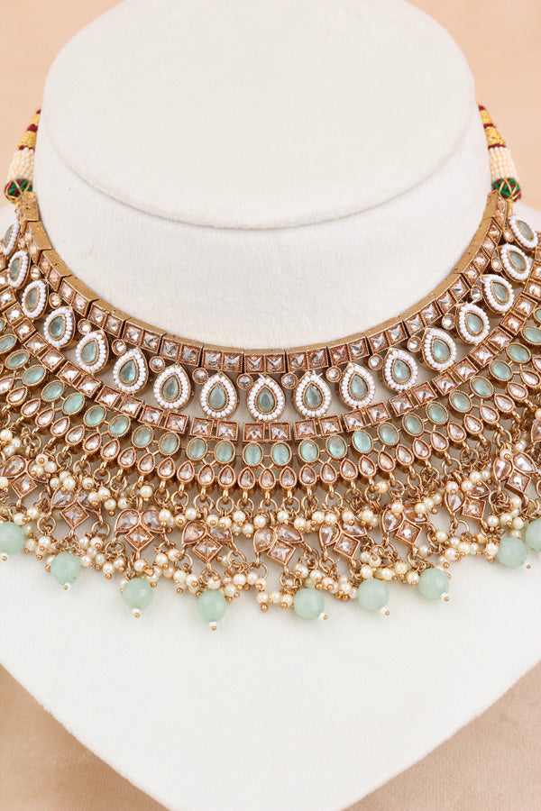Light Green Statement Polki Choker With Large Earrings And Tikka (CS011-LG-MP-Polki)