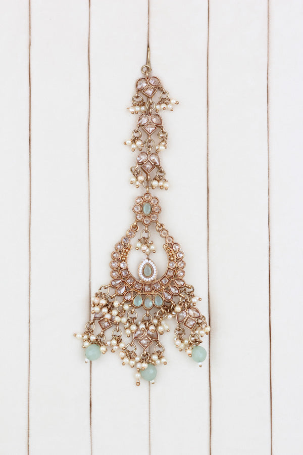 Light Green Statement Polki Choker With Large Earrings And Tikka (CS011-LG-MP-Polki)