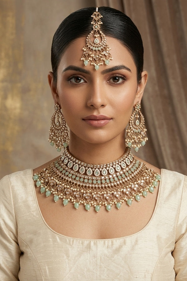 Light Green Statement Polki Choker With Large Earrings And Tikka