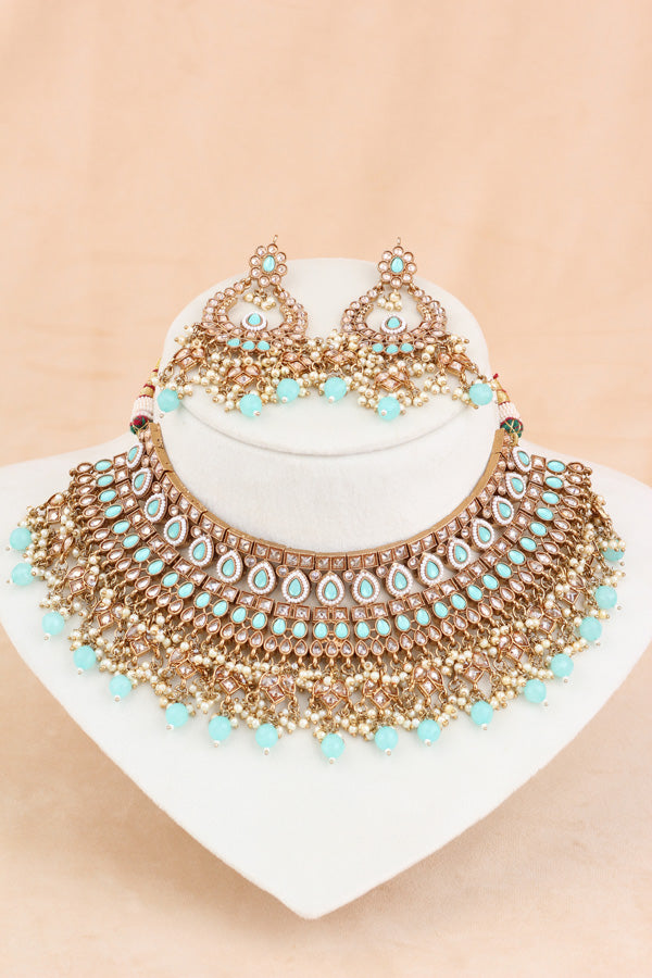 Sky Blue Statement Polki Choker With Large Earrings And Tikka (CS011-SB-MP-Polki)