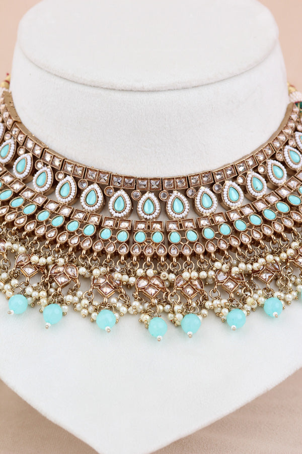 Sky Blue Statement Polki Choker With Large Earrings And Tikka (CS011-SB-MP-Polki)
