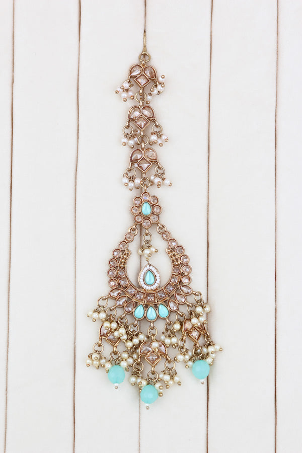 Sky Blue Statement Polki Choker With Large Earrings And Tikka (CS011-SB-MP-Polki)