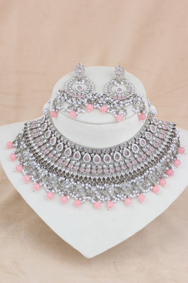Pink Statement Polki Choker With Large Earrings And Tikka (CS011-P-SP-Polki)