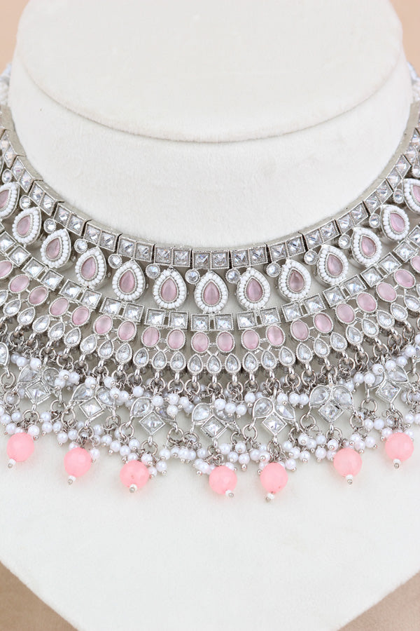 Pink Statement Polki Choker With Large Earrings And Tikka (CS011-P-SP-Polki)