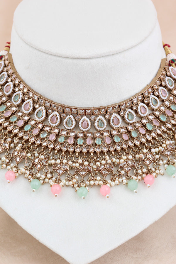 Pink | Light Green Statement Polki Choker With Large Earrings And Tikka (CS011-PLG-MP-Polki)