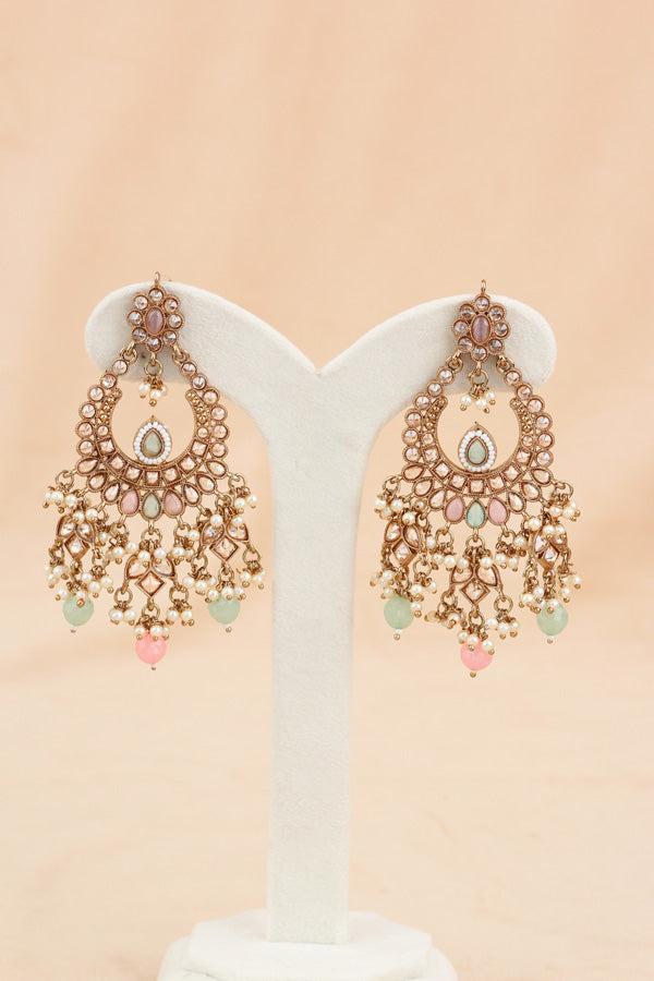 Pink | Light Green Statement Polki Choker With Large Earrings And Tikka (CS011-PLG-MP-Polki)