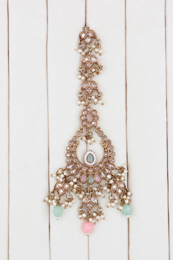 Pink | Light Green Statement Polki Choker With Large Earrings And Tikka (CS011-PLG-MP-Polki)