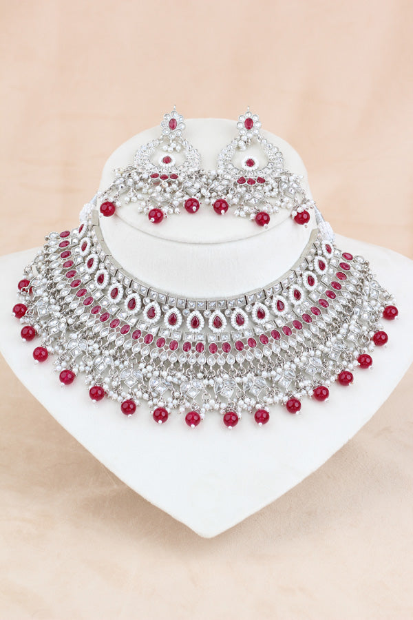 Red Statement Polki Choker With Large Earrings And Tikka (CS011-R-SP-Polki)
