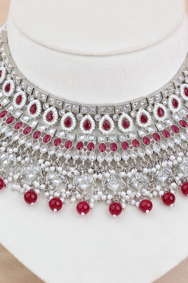 Red Statement Polki Choker With Large Earrings And Tikka (CS011-R-SP-Polki)