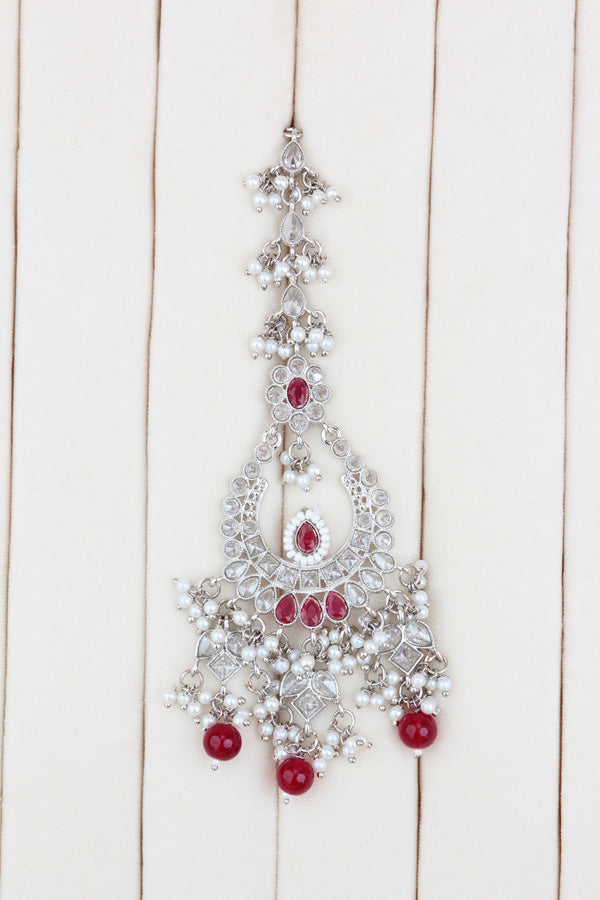 Red Statement Polki Choker With Large Earrings And Tikka (CS011-R-SP-Polki)