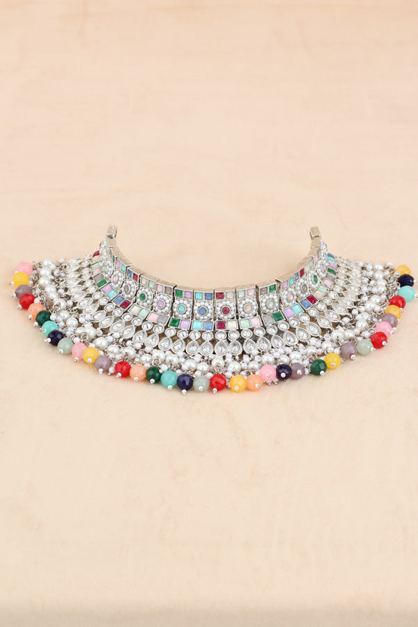 Multi Silver Polish Polki Choker With Large Earrings And Tikka (CS012-MU-SP-Polki)
