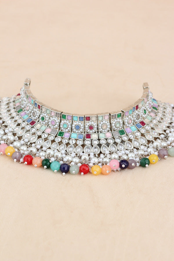 Multi Silver Polish Polki Choker With Large Earrings And Tikka (CS012-MU-SP-Polki)