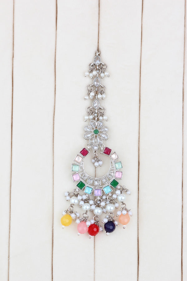 Multi Silver Polish Polki Choker With Large Earrings And Tikka (CS012-MU-SP-Polki)