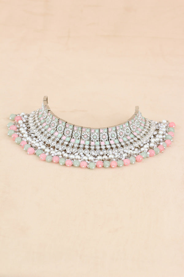 Pink | Light Green Silver Polish Polki Choker With Large Earrings And Tikka (CS012-PG-SP-Polki)