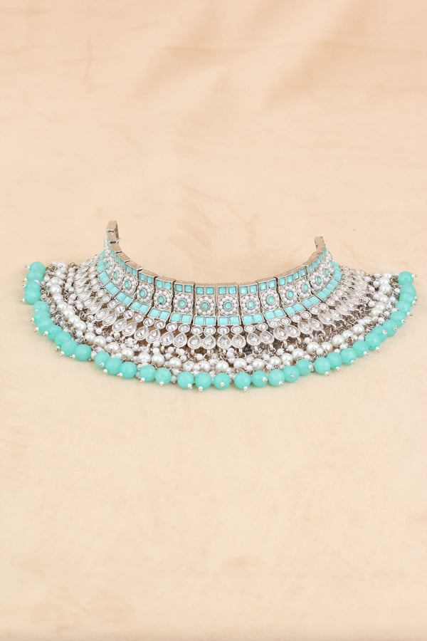 Sky Blue Silver Polish Polki Choker With Large Earrings And Tikka (CS012-SB-SP-Polki)