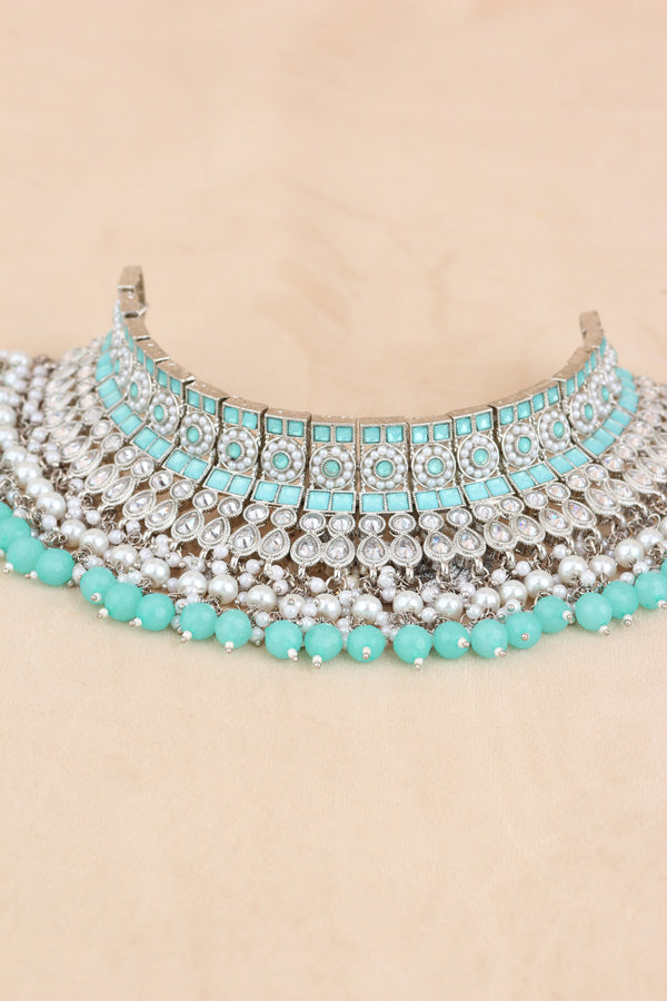 Sky Blue Silver Polish Polki Choker With Large Earrings And Tikka (CS012-SB-SP-Polki)