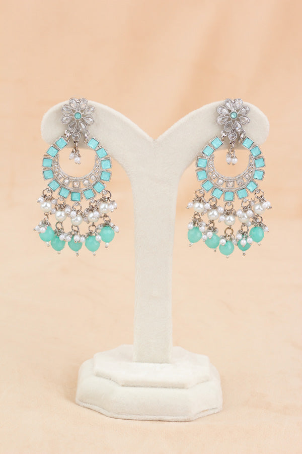 Sky Blue Silver Polish Polki Choker With Large Earrings And Tikka (CS012-SB-SP-Polki)