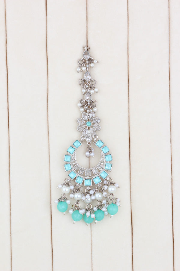 Sky Blue Silver Polish Polki Choker With Large Earrings And Tikka (CS012-SB-SP-Polki)