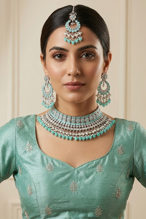Sky Blue Silver Polish Polki Choker With Large Earrings And Tikka