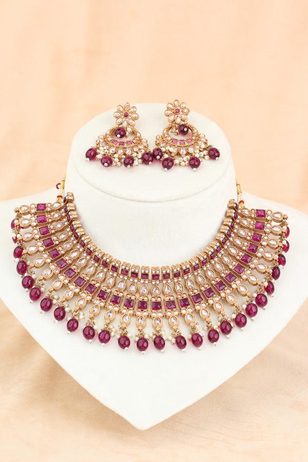 Burgendy Polki Choker With Pearls Earrings And Tikka (CS013-BU-Polki)