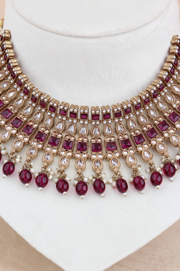 Burgendy Polki Choker With Pearls Earrings And Tikka (CS013-BU-Polki)