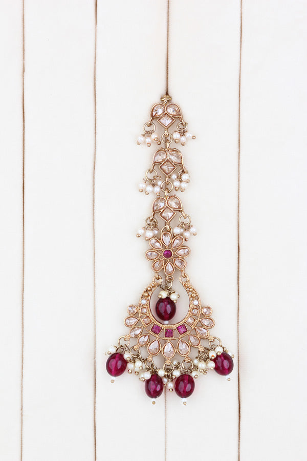 Burgendy Polki Choker With Pearls Earrings And Tikka (CS013-BU-Polki)