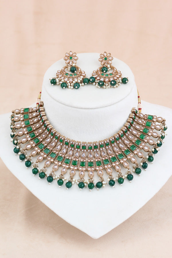 Green Polki Choker With Pearls Earrings And Tikka (CS013-G-Polki)