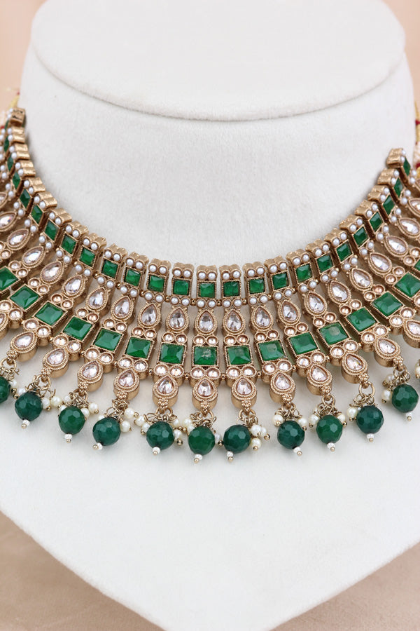Green Polki Choker With Pearls Earrings And Tikka (CS013-G-Polki)
