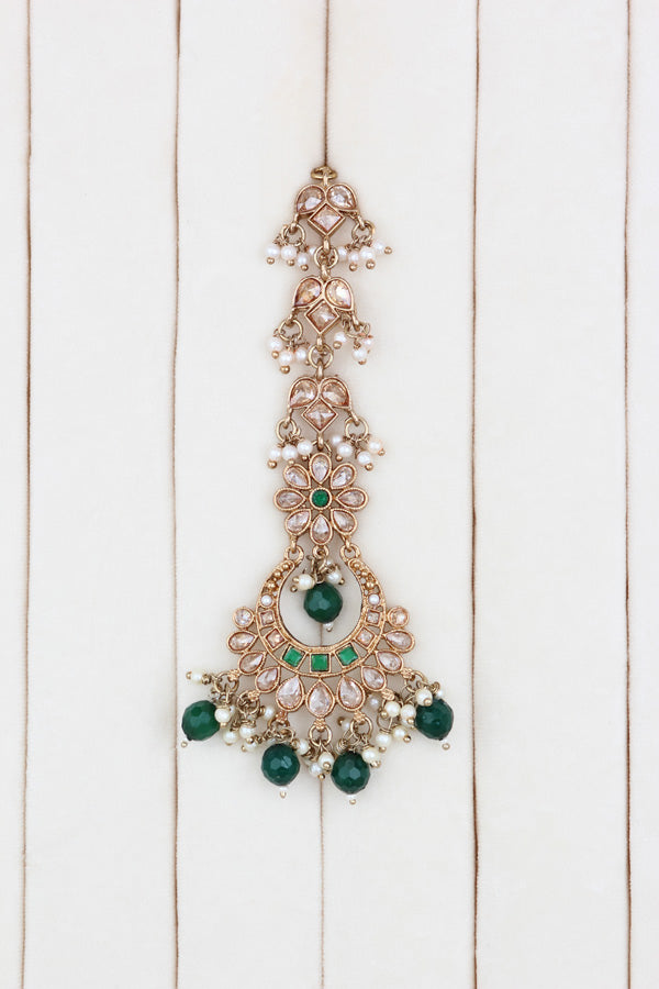Green Polki Choker With Pearls Earrings And Tikka (CS013-G-Polki)