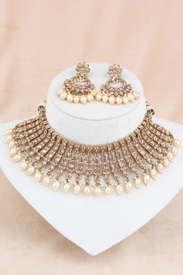 Gold Polki Choker With Pearls Earrings And Tikka (CS013-GO-Polki)