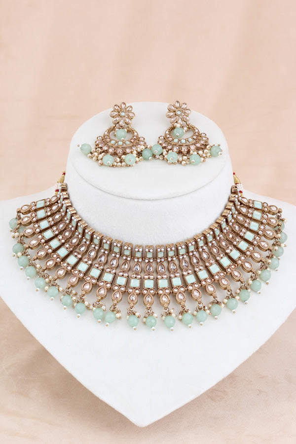 Light Green Polki Choker With Pearls Earrings And Tikka (CS013-LG-Polki)