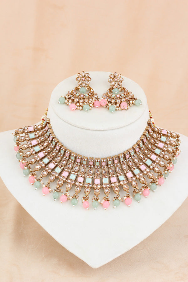 Pink | Light Green Polki Choker With Pearls Earrings And Tikka (CS013-PG-Polki)