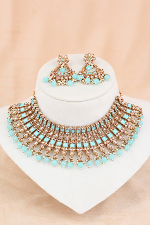 Sky Blue Polki Choker With Pearls Earrings And Tikka (CS013-SB-Polki)