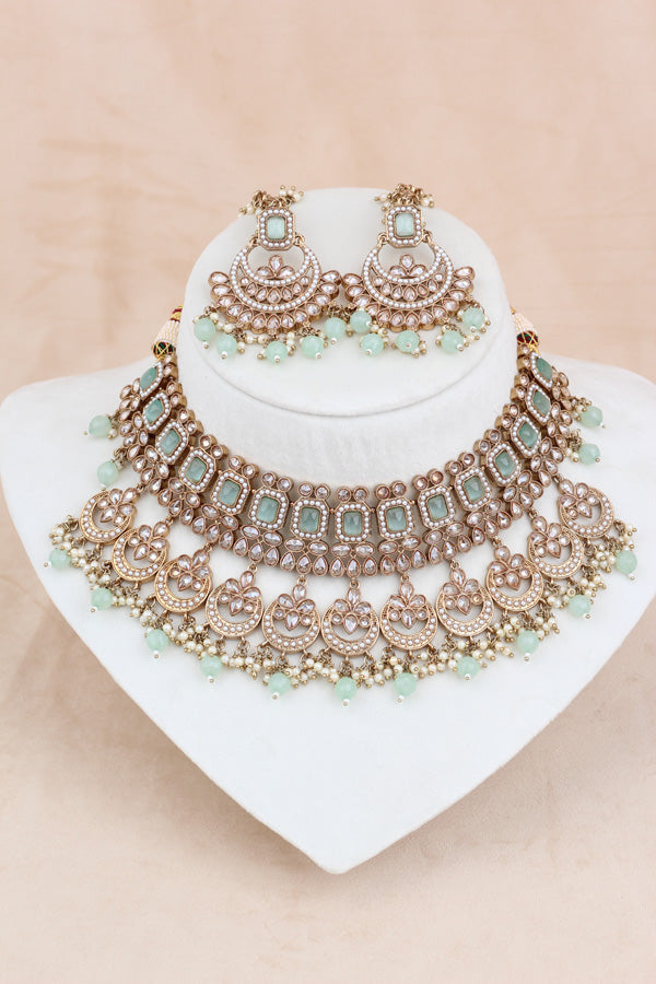 Light Green Mehndi Polish Double Choker Set With Large Earrings Saharey Attached And Matta Patti (CS014-LG-MP-Polki)