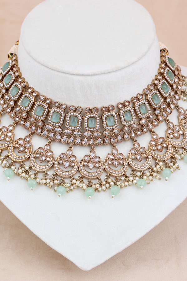 Light Green Mehndi Polish Double Choker Set With Large Earrings Saharey Attached And Matta Patti (CS014-LG-MP-Polki)