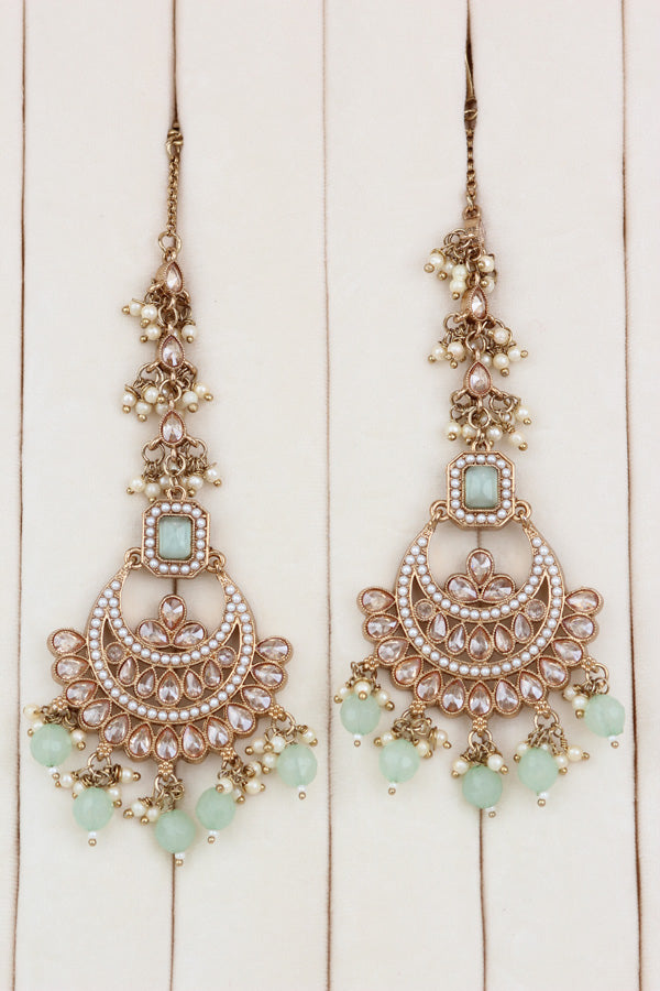 Light Green Mehndi Polish Double Choker Set With Large Earrings Saharey Attached And Matta Patti (CS014-LG-MP-Polki)