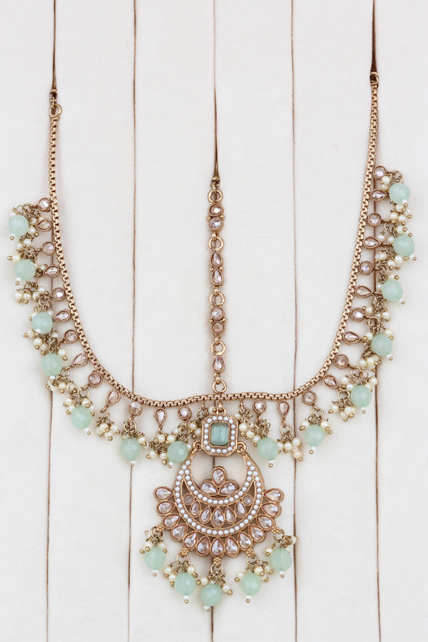 Light Green Mehndi Polish Double Choker Set With Large Earrings Saharey Attached And Matta Patti (CS014-LG-MP-Polki)
