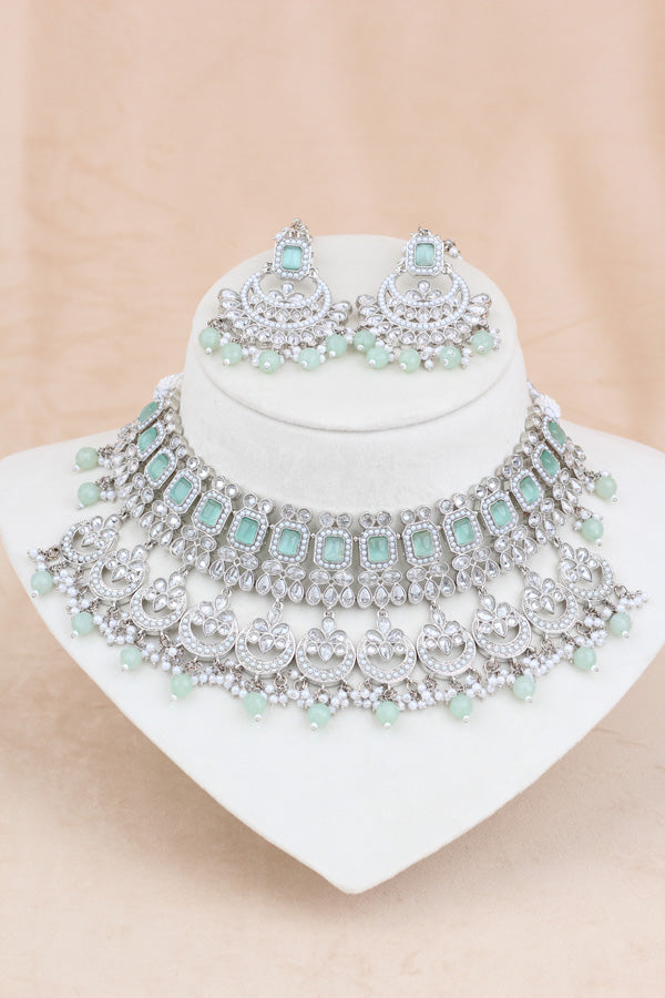 Light Green Silver Polish Double Choker Set With Large Earrings Saharey Attached And Matta Patti (CS014-LG-SP-Polki)