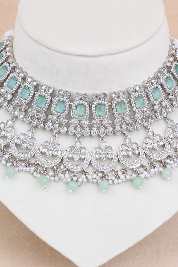 Light Green Silver Polish Double Choker Set With Large Earrings Saharey Attached And Matta Patti (CS014-LG-SP-Polki)