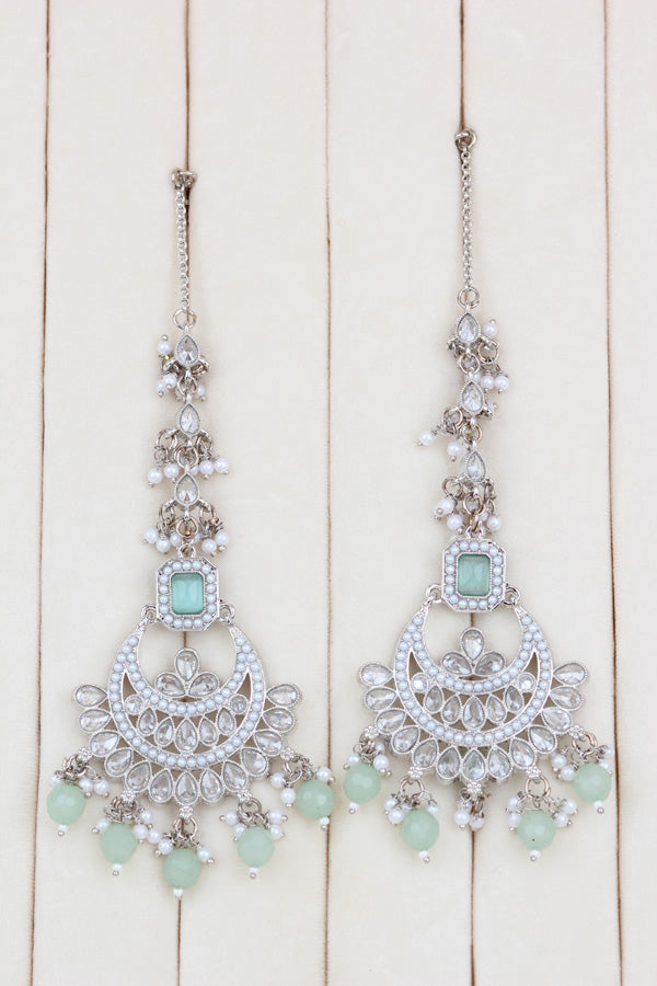 Light Green Silver Polish Double Choker Set With Large Earrings Saharey Attached And Matta Patti (CS014-LG-SP-Polki)