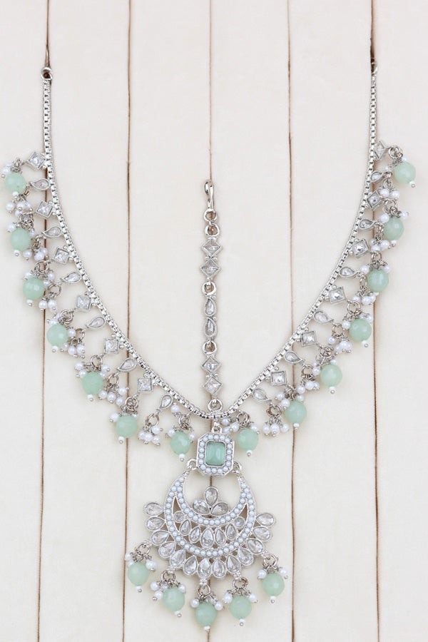 Light Green Silver Polish Double Choker Set With Large Earrings Saharey Attached And Matta Patti (CS014-LG-SP-Polki)