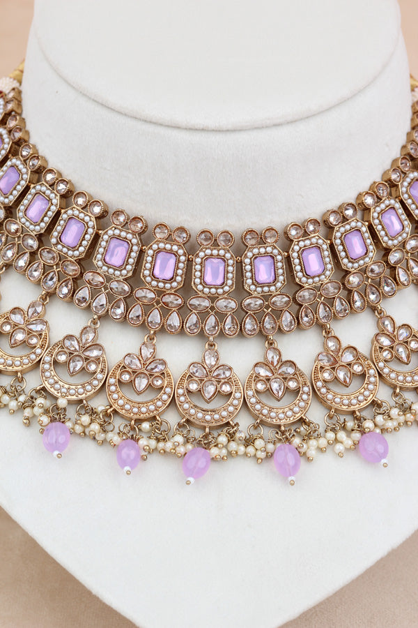 Light Purple Mehndi Polish Double Choker Set With Large Earrings Saharey Attached And Matta Patti (CS014-LPU-MP-Polki)