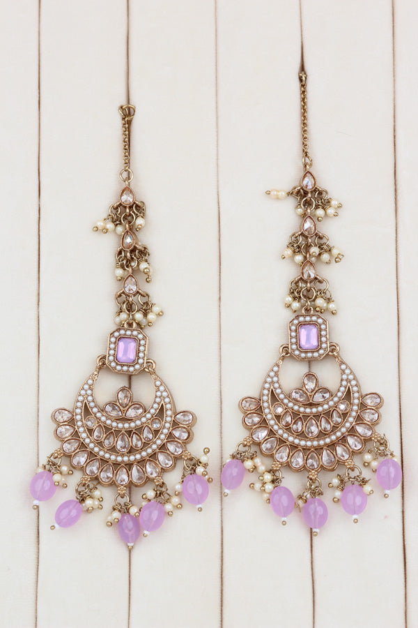 Light Purple Mehndi Polish Double Choker Set With Large Earrings Saharey Attached And Matta Patti (CS014-LPU-MP-Polki)